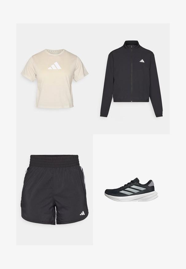 adidas Performance TRAIN ESSENTIALS 3 STRIPES WARM UP - Træningsjakke - black/white; Beige t-shirt med korte ærmer lavet af blødt stof, med et markant hvidt tre-stribet Adidas-logo på brystet. Klassisk crew neckline.; Sorte atletiske shorts med elastisk talje, sidelommer og hvid stribeaccent på siderne. Fremstillet af letvægtsmateriale.; Sort løbesko med mesh-overdel, tre sølvstriber, hvid mellemsål og struktureret ydersål. Har polstret krave og snørelukning.