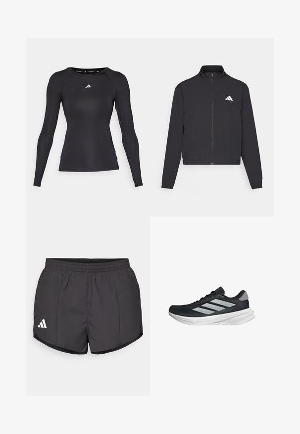adidas Performance TRAIN ESSENTIALS 3 STRIPES WARM UP - Training jacket - black/white; Black long-sleeve athletic shirt made of smooth fabric, with a close-fitting design and white logo on the chest and inside the collar.; Black athletic shorts made of lightweight fabric, featuring an elastic waistband and a white Adidas logo on the lower left side.; Black running shoe with mesh upper, three silver stripes, white midsole, and textured outsole. Features padded collar and lace closure.