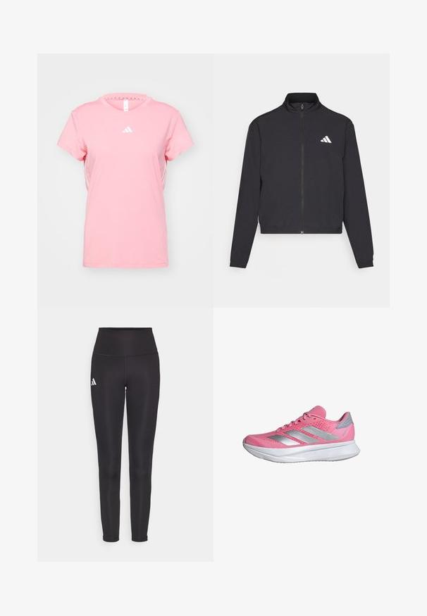 adidas Performance TRAIN ESSENTIALS 3 STRIPES WARM UP - Veste de survêtement - black/white; adidas Performance T-shirt de sport - semi pink spark/white; Leggings noires taille haute en tissu extensible. Présente un logo blanc sur le côté gauche et un design épuré sans coutures. Texture lisse.; Chaussure de sport rose avec une tige en maille respirante, trois bandes argentées et une semelle blanche coussinée. Caractéristiques : bout arrondi et col rembourré.