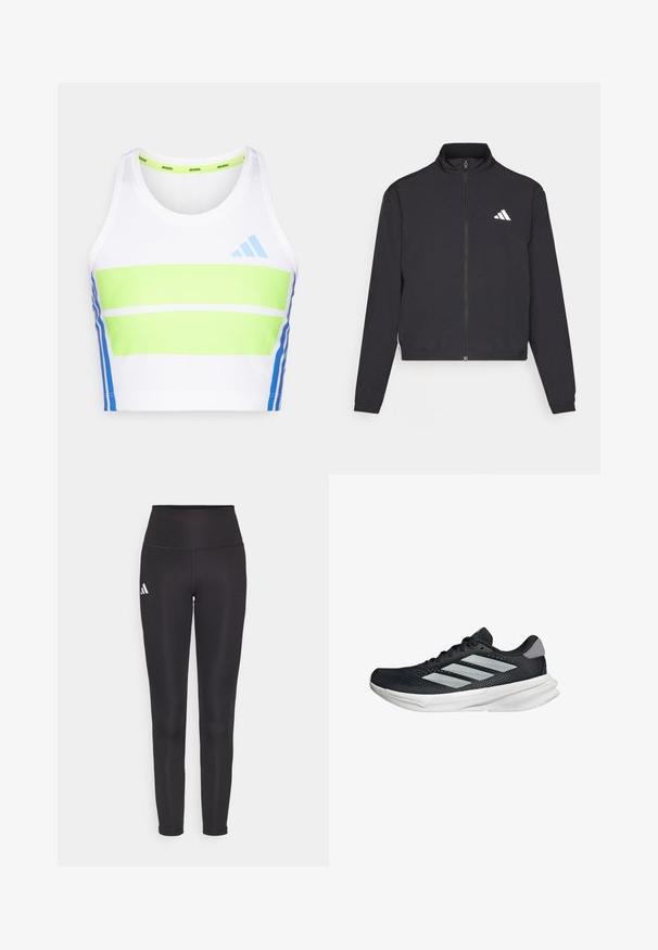 adidas Performance TRAIN ESSENTIALS 3 STRIPES WARM UP - Training jacket - black/white; White athletic crop top with green and blue horizontal stripes. Features a round neckline and blue accent details on the sides.; Black high-waisted leggings made of stretchy fabric. Features a white logo on the left side and sleek, seamless design. Smooth texture.; Black running shoe with mesh upper, three silver stripes, white midsole, and textured outsole. Features padded collar and lace closure.