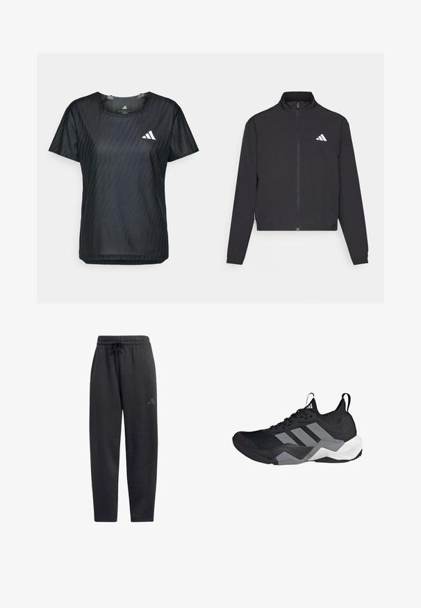 adidas Performance TRAIN ESSENTIALS 3 STRIPES WARM UP - Tréning dzseki - black/white; Fekete sportpóló kerek nyakkal, rövid ujjakkal és texturált anyaggal, amely finom mintázattal rendelkezik. Elől fehér logó található.; Fekete melegítőnadrág, puha anyagból készült, rugalmas derékrésszel, húzózsinórral, egyenes lábakkal és egy diszkrét logóval a combon.; Fekete sportcipő, lélegző hálós felsőrésszel, szürke kiegészítőkkel, texturált talppal és három jellegzetes csíkkal az oldalon.