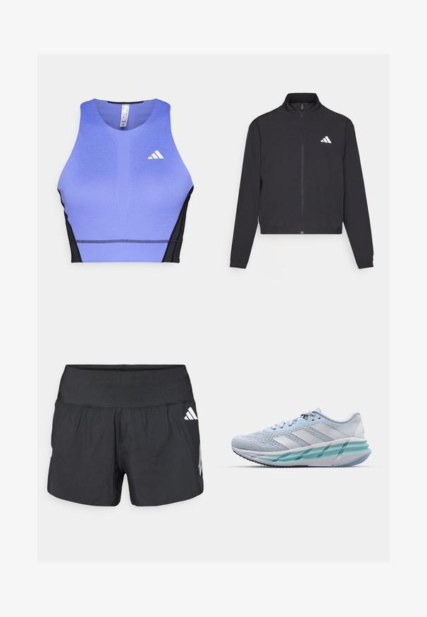 adidas Performance TRAIN ESSENTIALS 3 STRIPES WARM UP - Trainingsjacke - black/white; Lila Sport-Bh mit strukturiertem Oberflächen, schwarzen Seitenpanelen und einem weißen Logo auf der linken Brust. Sportliches Design mit rundem Ausschnitt.; Schwarze Sportshorts mit einem breiten elastischen Bund, leichtem Stoff und weißen Logoakzenten an der unteren Seite.; Helle blaue Sportschuhe mit einem strukturierten Strickobermaterial, weißen Akzenten und einer transparenten grünen Zwischensohle. Abgerundete Zehenpartie und gepolsterter Schaft.