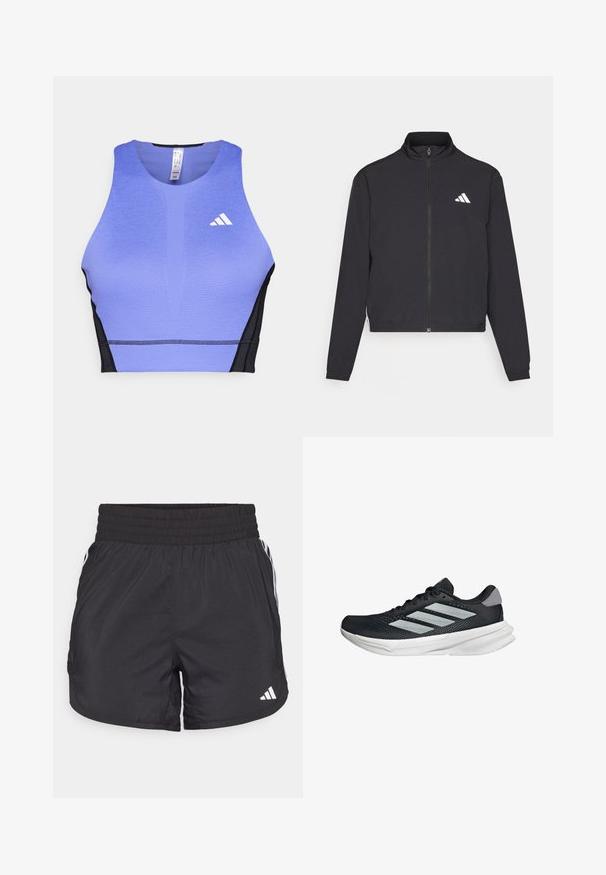 adidas Performance TRAIN ESSENTIALS 3 STRIPES WARM UP - Trainingsjacke - black/white; Lila Sport-Bh mit strukturiertem Oberflächen, schwarzen Seitenpanelen und einem weißen Logo auf der linken Brust. Sportliches Design mit rundem Ausschnitt.; Schwarze Sportshorts mit elastischem Bund, seitlichen Taschen und weißen Streifenakzenten an den Seiten. Hergestellt aus leichtem Material.; Schwarzer Laufschuh mit Mesh-Obermaterial, drei silbernen Streifen, weißer Zwischensohle und strukturiertem Außensohle. Verfügt über einen gepolsterten Schaft und eine Schnürung.