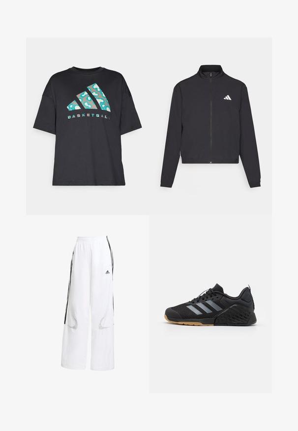 adidas Performance TRAIN ESSENTIALS 3 STRIPES WARM UP - Jakna za treniranje - black/white; Crna oversized majica od pamuka s tirkiznim apstraktnim uzorkom i riječju "KOŠARKA" u kontrastnom tekstu ispod logotipa.; Bijele sportske hlače s laganim krojem, s crnim bočnim prugama, elastičnom pasicom i mrežastim izrezima za ventilaciju.; Crna sportska cipela s mrežastim gornjim dijelom, sivi trostruki uzorak, gumeni potplat i teksturirani naglasci na peti i bočni strani.