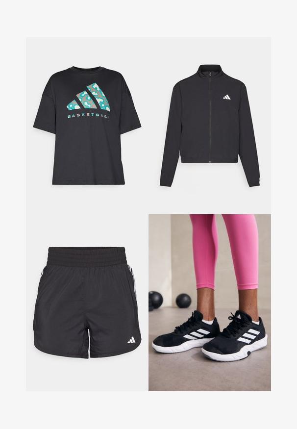 adidas Performance TRAIN ESSENTIALS 3 STRIPES WARM UP - Tréning dzseki - black/white; Fekete, oversize pamut póló, türkiz absztrakt mintával, alatta a "BASKETBALL" szó kontrasztos betűtípussal.; Fekete sportnadrág elasztikus derékkal, oldalsó zsebekkel és fehér csíkkal az oldalán. Könnyű anyagból készült.; Fekete sportcipők fehér csíkokkal, texturált hálós felsőrésszel és fehér talppal. Rózsaszín leggings-szel viselve, bemutatva az edzőruhákat.