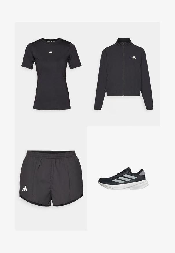 adidas Performance TRAIN ESSENTIALS 3 STRIPES WARM UP - Tréningová bunda - black/white; Čierne športové tričko s krátkym rukávom vyrobené z elastického materiálu. Má okrúhly výstrih a malé biele logo na prsiach.; Čierne športové šortky vyrobené z ľahkej látky, s elastickým pásom a bielym logom Adidas na dolnej ľavej strane.; Čierna behacia obuv s vrchnou časťou z priedušného materiálu, tromi striebornými pruhmi, bielou medzipodrážkou a textúrovanou podrážkou. Obsahuje polstrovaný golier a uzatváranie na šnúrky.