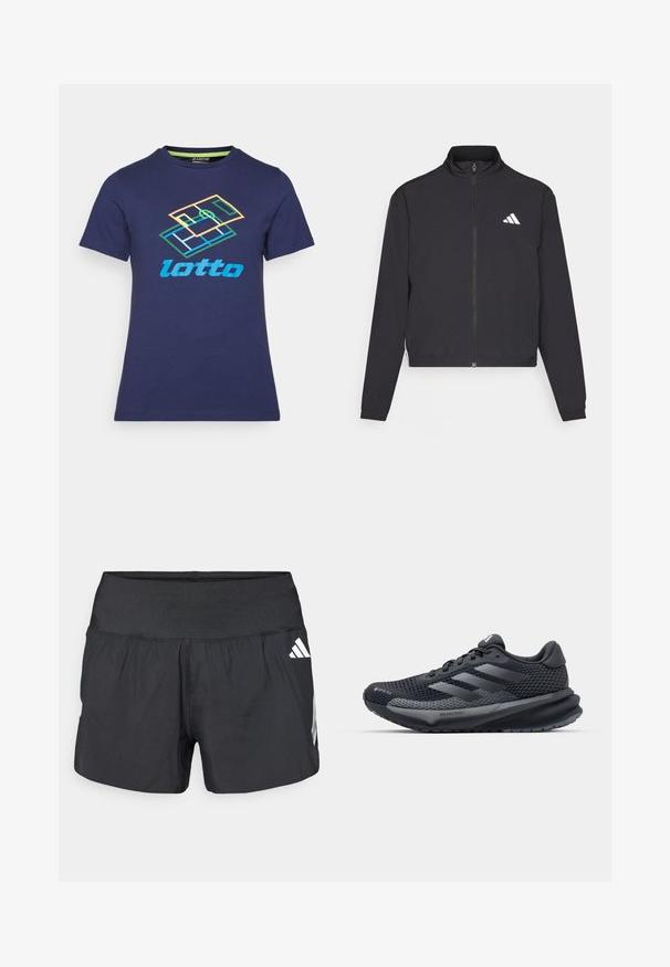 adidas Performance TRAIN ESSENTIALS 3 STRIPES WARM UP - Training jacket - black/white; Navy blue cotton t-shirt with short sleeves, featuring a multicolored Lotto logo and geometric design printed on the front.; Black athletic shorts featuring a wide elastic waistband, lightweight fabric, and white logo accents on the lower side.; Black athletic shoe with a textured mesh upper, reflective accents, cushioned sole, and a streamlined design. Features three stripe logo.