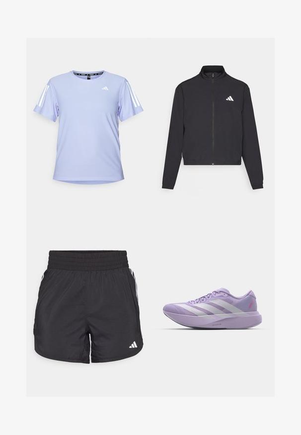 adidas Performance TRAIN ESSENTIALS 3 STRIPES WARM UP - Bluză de trening - black/white; Cămașă sportivă de culoare violet deschis, confecționată dintr-un material texturat. Are mâneci scurte, accente albe cu trei dungi și un logo mic pe piept.; Șorturi atletice negre, cu talie elastică, buzunare laterale și accente albe pe laterale. Fabricate dintr-un material ușor.; Schi de alergare violete deschis, cu un superior din plasă, design cu trei dungi albe, finisaj texturat și o talpă intermediară groasă etichetată "LIGHTSTRIKE PRO."