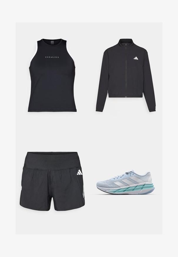 adidas Performance TRAIN ESSENTIALS 3 STRIPES WARM UP - Trainingsjacke - black/white; Endless ESSENTIAL - Top - black; Schwarze Sportshorts mit einem breiten elastischen Bund, leichtem Stoff und weißen Logoakzenten an der unteren Seite.; Helle blaue Sportschuhe mit einem strukturierten Strickobermaterial, weißen Akzenten und einer transparenten grünen Zwischensohle. Abgerundete Zehenpartie und gepolsterter Schaft.