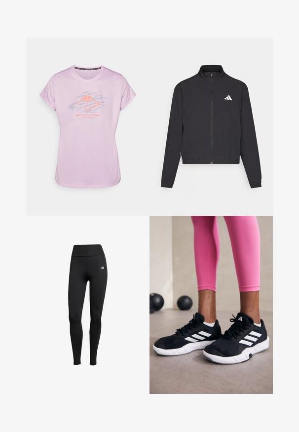 adidas Performance TRAIN ESSENTIALS 3 STRIPES WARM UP - Training jacket - black/white; Light pink athletic t-shirt featuring a graphic mountain logo in dark grey and neon orange. Short sleeves, round neckline, smooth texture.; Black athletic leggings with a high waistband. Made of stretchable fabric featuring a white logo detail on the upper left side.; Black athletic shoes with white stripes, textured mesh upper, and a white sole. Worn with pink leggings, showcasing training apparel.