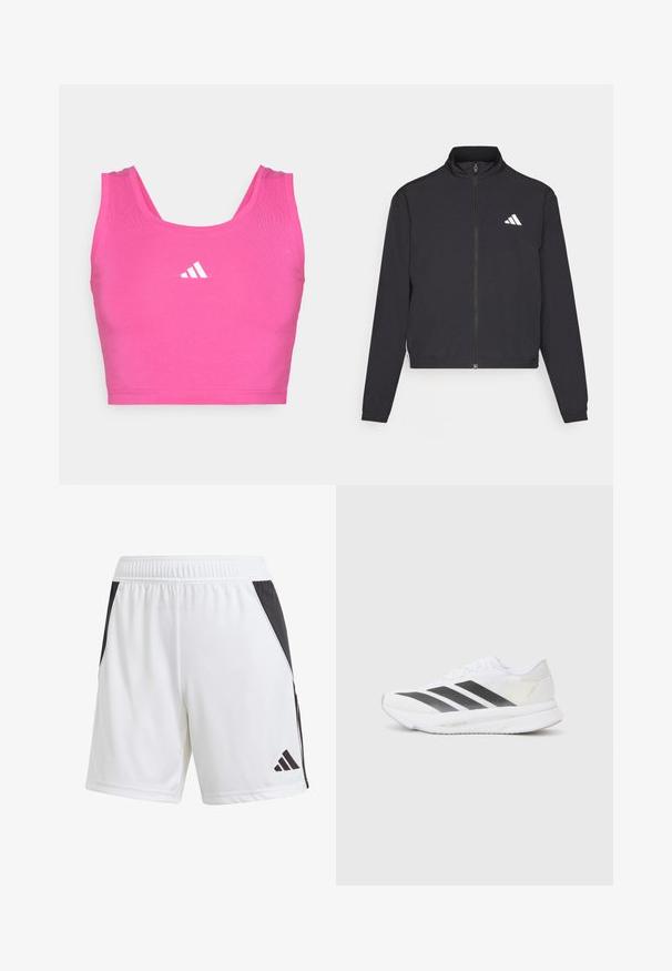 adidas Performance TRAIN ESSENTIALS 3 STRIPES WARM UP - Treningsjakke - black/white; Rosa sports crop top laget av elastisk stoff. Har en rund hals og brede stropper. Inkluderer en hvit Adidas-logo på forsiden.; Hvite treningsshorts med en svart sidepanel, laget av lett stoff. Har elastisk midje og en svart Adidas-logo på den nedre delen av benet.; Hvit sportssko med svarte diagonale striper, mesh-overdel, rund tå og teksturert såle. Detaljene inkluderer en sølvfarget hæl og minimalistisk design.