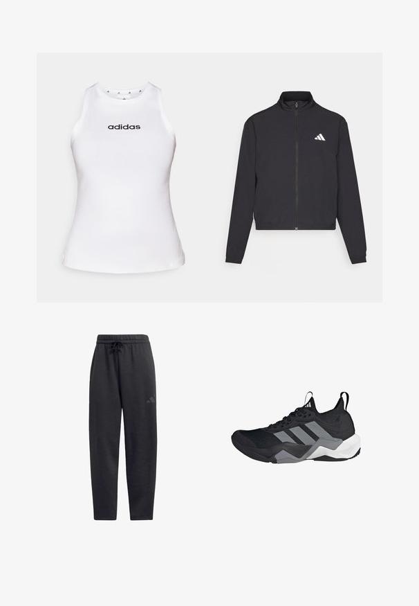 adidas Performance TRAIN ESSENTIALS 3 STRIPES WARM UP - Treningsjakke - black/white; Hvit ermeløs treningstopp laget av glatt stoff. Har rund hals og svart "adidas"-logo over brystet. Enkel design, uten mønster.; Sorte joggebukser laget av mykt stoff, med elastisk midjebånd og snøring, rette ben og en diskret logo på låret.; Svart idrettssko med et pustende mesh-overdel, grå aksenter, teksturert såle og tre distinkte striper på siden.