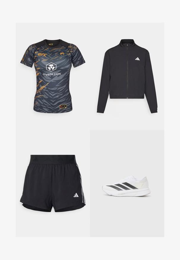 adidas Performance TRAIN ESSENTIALS 3 STRIPES WARM UP - Športna jakna/jopica - black/white; UFC črna in siva atletska majica z geometrijskim vzorcem, oranžnimi detajli, kratkimi rokavi in krožnim izrezi. Natisnjena logo na sprednji strani.; Črne atletske kratke hlače z elastičnim pasom, ki vsebuje teksturirano obrobo, stranske črte in belo Adidasovo logotip na spodnjem robu.; Bela atletska čevlja z črnimi diagonali, mrežastim zgornjim delom, zaobljenim nosom in teksturirano podplatom. Dodatki vključujejo srebrno peto in minimalističen dizajn.