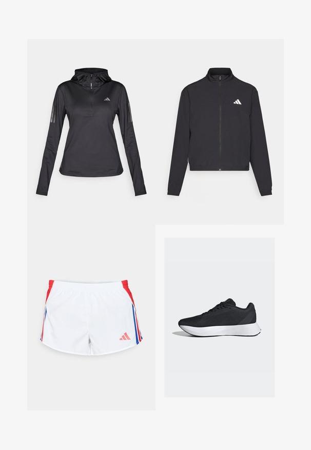 adidas Performance TRAIN ESSENTIALS 3 STRIPES WARM UP - Tréningová bunda - black/white; Čierny športový mikina s dlhým rukávom a štvrťovým zipsom, textúrovaná tkanina, nastaviteľná kapucňa a reflexné pruhy na rukávoch. Obsahuje logo na hrudi.; Biele športové šortky s červenými bočnými panelmi a modrými pruhmi. Elastický pás a logo na dolnej ľavej strane. Hladký textilný povrch.; Čierne športové topánky s priedušným sieťovaným zvrškom, bielou medzipodrážkou a elegantným, zakriveným dizajnom; obsahujú šnúrky a robustnú gumovú podrážku.