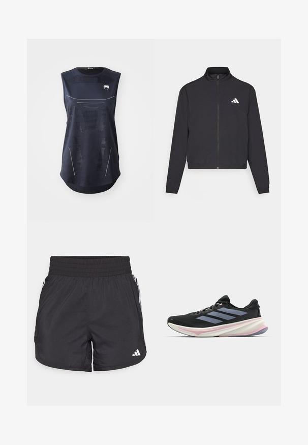 adidas Performance TRAIN ESSENTIALS 3 STRIPES WARM UP - Treniņjaka - black/white; Bez piedurknēm sporta tops tumši zila auduma. Iekļauj sieta perforācijas un baltas akcentu līnijas. Cirkulāra apakša un logotips uz krūtīm. Izmērs: Maza.; Melnas sporta bikses ar elastīgu jostu, sānu kabatām un baltām svītrām uz sāniem. Izgatavotas no viegla materiāla.; Melnas skriešanas kurpes ar sietiņu augšējo daļu, gaiši purpura akcentiem un trim horizontālām pelēkām svītrām. Iekļauj amortizētu zoli komfortam.