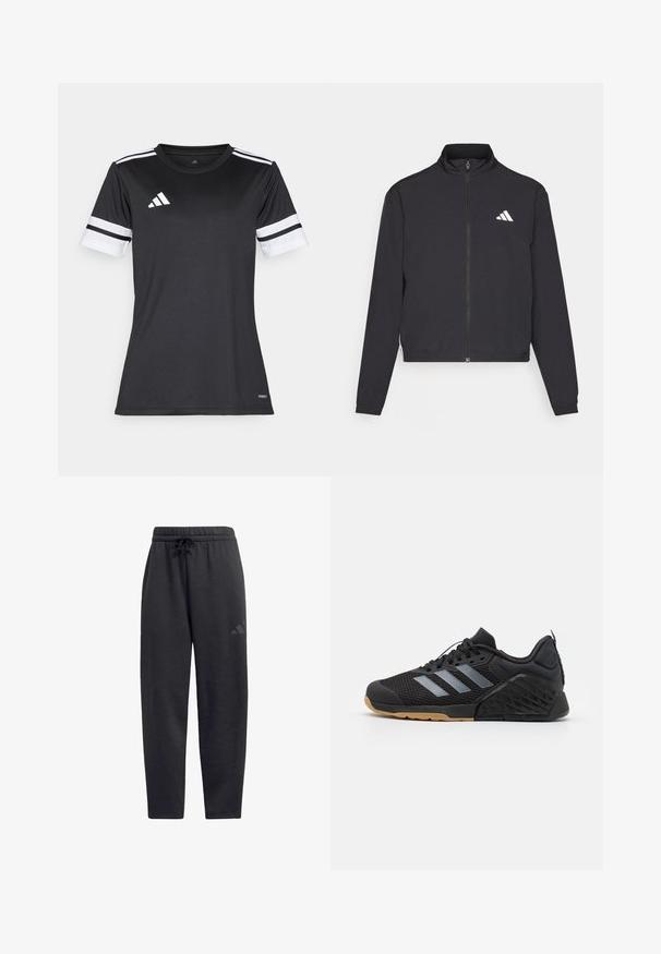 adidas Performance TRAIN ESSENTIALS 3 STRIPES WARM UP - Träningsjacka - black/white; Svart sporttröja med vita detaljer och tre horisontella ränder på ärmarna. Tillverkad av ett fukttransporterande material, designad för atletisk användning.; Svarta sweatpants i mjukt tyg, med elastisk midja och dragsko, raka ben och en diskret logotyp på låret.; Svart idrottssko med mesh-överdel, grå tre-stripes design, gummisula och texturerade detaljer på hälen och sidan.
