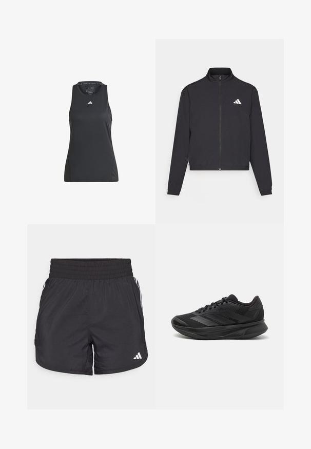 adidas Performance TRAIN ESSENTIALS 3 STRIPES WARM UP - Veste de survêtement - black/white; Débardeur de sport noir en matériau synthétique. Avec un col rond et un petit logo Adidas blanc sur la poitrine. Texture lisse.; Shorts de sport noirs avec une taille élastique, des poches latérales et des accents de rayures blanches sur les côtés. Fabriqués en matériau léger.; Chaussure de course noire avec une tige en maille respirante, un bout arrondi, un design épuré, des accents texturés et une semelle rembourrée pour le confort.