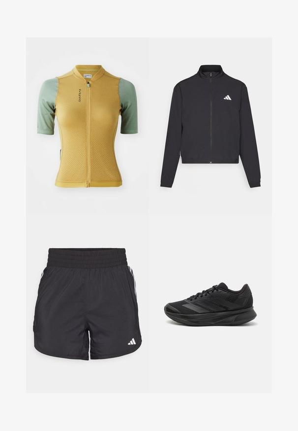 adidas Performance TRAIN ESSENTIALS 3 STRIPES WARM UP - Verryttelytakki - black/white; Keltainen ja vihreä lyhythihainen pyöräilypaita, jossa on teksturoitu kangas, etuvetoketju ja logo rinnassa. Ominaisuuksiin kuuluu istuva muotoilu.; Mustat urheilushortsit, joissa on joustava vyötärö, sivutaskut ja valkoiset raidat sivuilla. Valmistettu kevyestä materiaalista.; Mustat juoksukengät, joissa on hengittävä verkkoyläosa, pyöreä varvas, sulavalinjainen muotoilu, teksturoidut yksityiskohdat ja pehmustettu pohja mukavuutta varten.