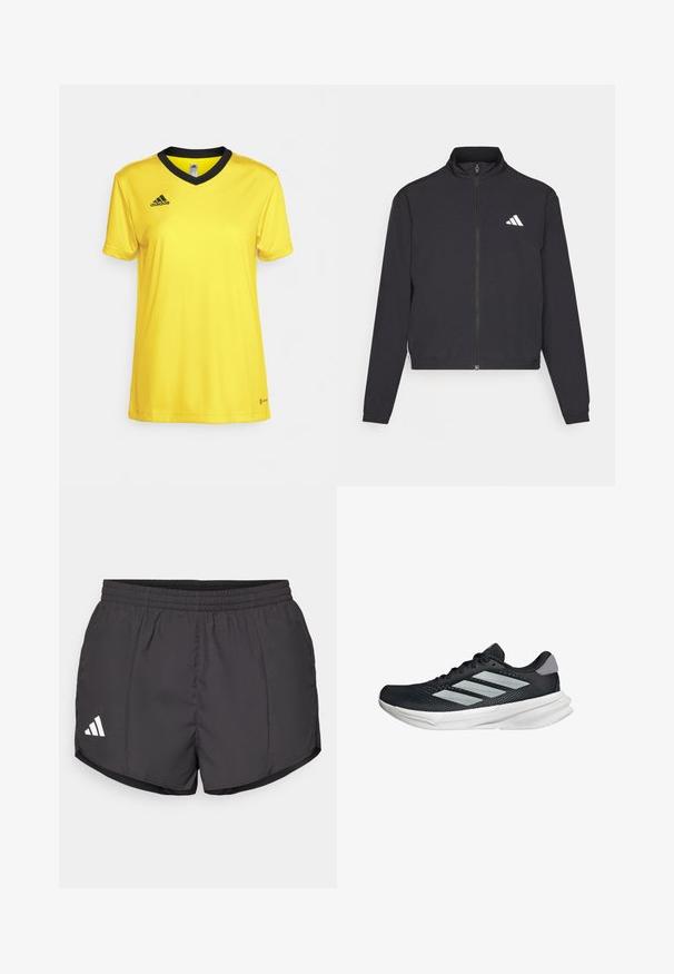 adidas Performance TRAIN ESSENTIALS 3 STRIPES WARM UP - Jakna za treniranje - black/white; Žuta atletska majica izrađena od glatkog materijala, sa crnim V-izrezom i kratkim rukavima. Adidas logo prikazan u crnoj boji.; Crne atletske kratke hlače od laganog materijala, s elastičnim pojasom i bijelim Adidas logotipom na donjoj lijevoj strani.; Crne trkačke tenisice s mrežastim gornjim dijelom, tri srebrne pruge, bijeli srednji sloj i teksturirani potplat. Sadrži podstavljeni ovratnik i zatvaranje s vezicama.