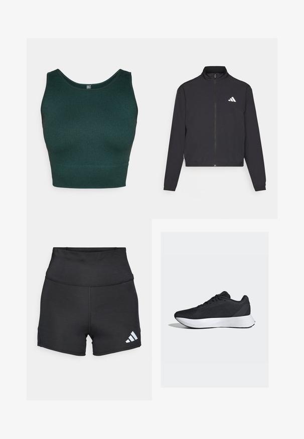adidas Performance TRAIN ESSENTIALS 3 STRIPES WARM UP - Giacca sportiva - black/white; Top cropped a coste verde scuro con scollatura rotonda e spalline larghe, realizzato in un materiale a maglia testurizzato.; adidas Performance Leggings - black; Scarpe da ginnastica nere con una tomaia in rete traspirante, suola intermedia bianca e design elegante e curvo; dotate di lacci e suola in gomma resistente.