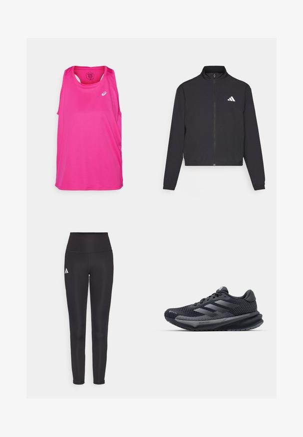adidas Performance TRAIN ESSENTIALS 3 STRIPES WARM UP - Trainingsjacke - black/white; Rosa Sporttanktop mit ärmellosem Design, rundem Halsausschnitt und einem Logo auf der Vorderseite. Hergestellt aus leichtem, atmungsaktivem Stoff.; Schwarze hochgeschnittene Leggings aus dehnbarem Stoff. Mit einem weißen Logo auf der linken Seite und einem eleganten, nahtlosen Design. Glatte Textur.; Schwarzer Sportschuh mit einem strukturierten Mesh-Obermaterial, reflektierenden Akzenten, gepolsteter Sohle und einem schlanken Design. Enthält ein Logo mit drei Streifen.