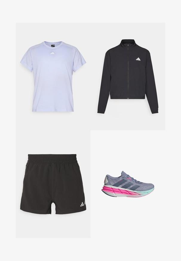 adidas Performance TRAIN ESSENTIALS 3 STRIPES WARM UP - Casaco de treino - black/white; T-shirt de algodão lilás claro com mangas curtas, decote redondo e pequeno logotipo branco no peito. Textura suave e ajuste relaxado.; Calções atléticos pretos feitos de um tecido leve. Apresentam uma cintura elástica, bolso lateral com fecho éclair e um logo refletor na barra.; Shoe atlético cinza com um cabedal de malha respirável, detalhes em rosa e uma entressola leve com um design em gradiente em tons de azul e verde.