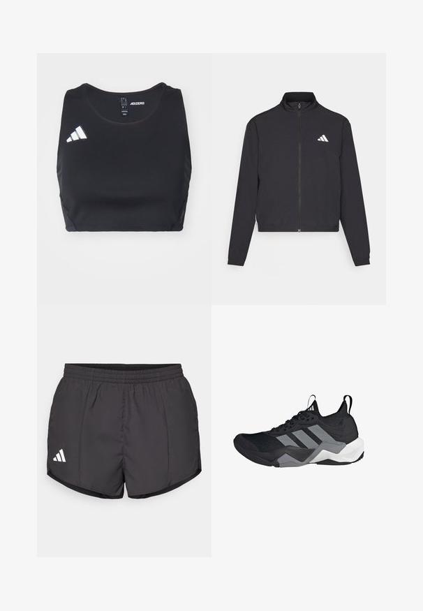 adidas Performance TRAIN ESSENTIALS 3 STRIPES WARM UP - Træningsjakke - black/white; Sort trænings crop top lavet af strækbart materiale. Har rund halsudskæring og hvidt adidas-logo på venstre side. Glat tekstur.; Sorte atletiske shorts lavet af letvægtsstof, med en elastisk talje og et hvidt Adidas-logo på nederste venstre side.; Sorte atletiske sko med en åndbar mesh-overdel, grå accenter, tekstureret sål og tre karakteristiske striber på siden.