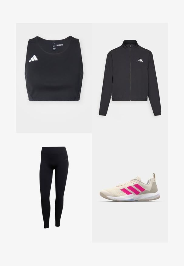 adidas Performance TRAIN ESSENTIALS 3 STRIPES WARM UP - Chaqueta de entrenamiento - black/white; Top corto deportivo negro hecho de material elástico. Cuenta con un escote redondo y el logo blanco de adidas en el lado izquierdo. Textura suave.; Leggings atléticos negros hechos de una tela elástica, con una cinturilla alta, diseño ajustado y puños de tobillo acanalados. Sutil logo de la marca.; Zapatilla deportiva beige con logo de tres rayas rosa, parte superior de malla texturizada, cuello acolchado y suela de goma blanca, con la marca "LIGHTSTRIKE".
