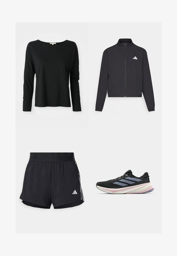 adidas Performance TRAIN ESSENTIALS 3 STRIPES WARM UP - Spordijakk - black/white; Must have musta varrukatega crewneck särk, mis on lõdva istuvusega ja langenud õlgadega, esitatud valgel taustal.; Musta sportlikud lühikesed püksid elastse vöökohtaga, millel on tekstuuriga riba, külgmised triibud ja alumises servas valge Adidas'i logo.; Mustad spordijalatsid võrgust pealsetega, millel on hallid triibud, valge keskosa roosade detailidega ja tekstuuriga välistald.