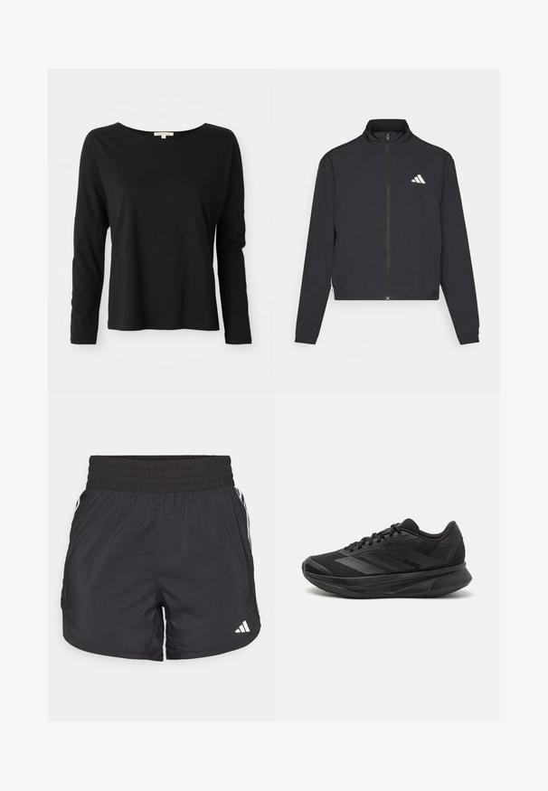 adidas Performance TRAIN ESSENTIALS 3 STRIPES WARM UP - Træningsjakke - black/white; Sort langærmet crewneck t-shirt med afslappet pasform og sænkede skuldre, præsenteret på en hvid baggrund.; Sorte atletiske shorts med elastisk talje, sidelommer og hvid stribeaccent på siderne. Fremstillet af letvægtsmateriale.; Sort løbesko med en åndbar mesh-overdel, afrundet tå, strømlinet design, teksturerede detaljer og en polstret sål for komfort.