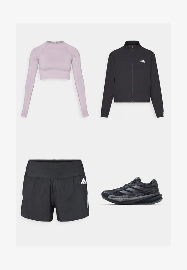 adidas Performance TRAIN ESSENTIALS 3 STRIPES WARM UP - Trainingsvest - black/white; Lavendelkleurig cropped top met lange mouwen van rekbare stof. Heeft een ronde halslijn en een geribde zoom. Gladde textuur met een aansluitend ontwerp.; Zwarte sportshorts met een brede elastische tailleband, lichtgewicht stof en witte logo-accenten aan de onderkant zijkant.; Zwarte sportieve schoen met een gestructureerde mesh bovenkant, reflecterende accenten, een gevoerde zool en een gestroomlijnd ontwerp. Beschikt over het logo met drie strepen.