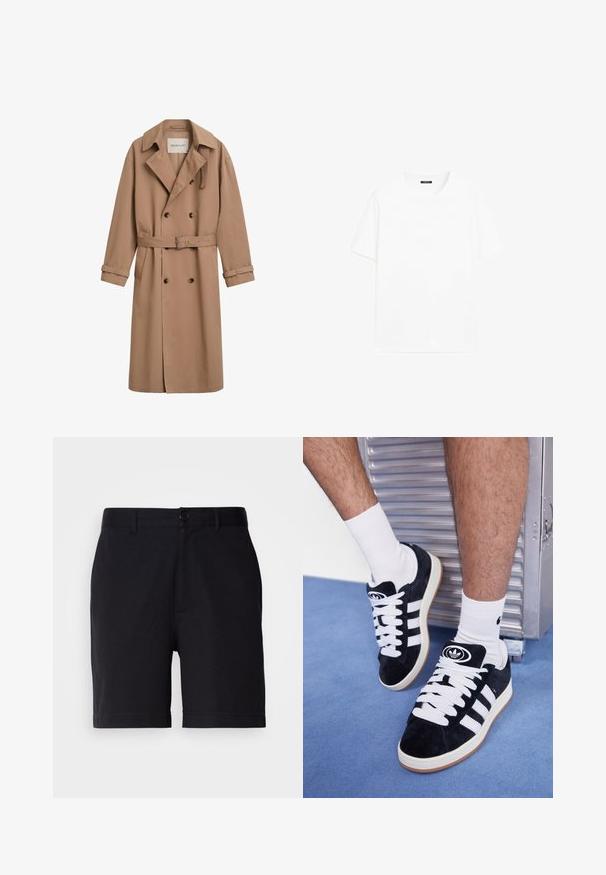 Light brown trench coat with a double-breasted design, wide collar, and belted waist. Made of a smooth fabric with button accents.; White cotton t-shirt with short sleeves, round neckline, and a straight cut. Smooth texture with no visible patterns or accents.; Black shorts made of cotton blend fabric, featuring a classic cut, front pockets, and a button closure at the waist.; Black suede sneakers with white laces and three white stripes. Features a circular black logo on the tongue and a gum rubber sole.
