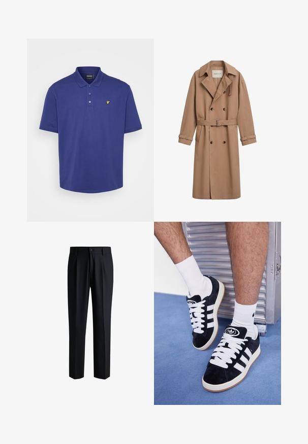 Helle braune Trenchcoat mit doppelter Knopfleiste, breitem Kragen und tailliertem Gürtel. Hergestellt aus glattem Stoff mit Knopfakzenten.; Navyblaues Poloshirt aus Baumwolle. Mit einem Kragen, einer Drei-Knopf-Leiste und einem kleinen gelben Logo auf der Brust. Kurzärmlig.; Schwarze Hose aus glattem Stoff, mit geradem Bein-Design, Falten vorne und einem Knopfverschluss mit Gürtelschlaufen.; Schwarze Wildledersneaker mit weißen Schnürsenkeln und drei weißen Streifen. Verfügt über ein kreisförmiges schwarzes Logo auf der Zunge und eine Gummisohle.