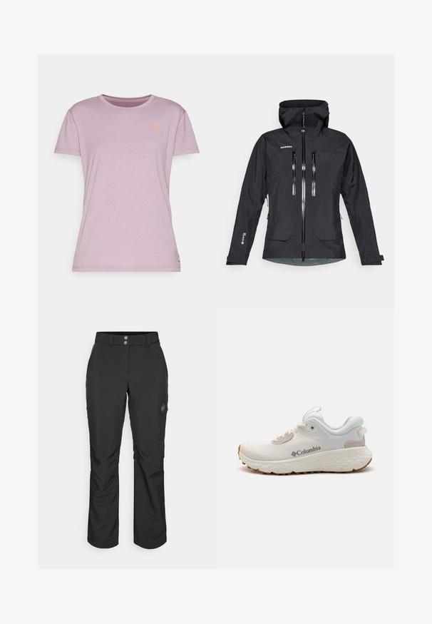 Černá nepromokavá bunda s kapucí, která má dvě přední kapsy na zip, nastavitelné manžety a reflexní zipy pro lepší viditelnost.; Světle fialové tričko s krátkými rukávy, kulatým výstřihem a oranžovým květinovým emblémem na hrudi. Jemná, hladká textilie.; Černé venkovní kalhoty se střihy rovného kroje, s knoflíkovým zapínáním, zipovými bočními kapsami a logem na levém stehně.; Lehké atletické boty Columbia v bílé síťovině s texturovanou šedou podrážkou a gumovým gripem. Obsahují polstrovaný límec a šněrování.
