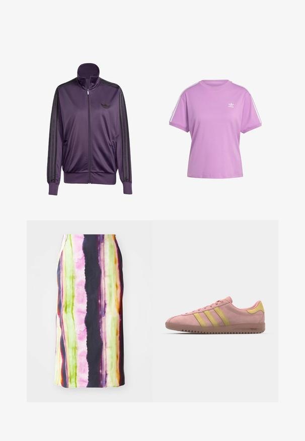 Paarse sportjack met een gladde stof, voorzien van een hoge kraag, zwarte strepen langs de mouwen en een geborduurd logo op de borst.; Paarse korte mouwen t-shirt van katoen met een geribbelde halslijn en witte zijkanten; heeft een klein wit Adidas-logo op de borst.; Kleurvolle, middelange rok met verticale strepen in roze, groen, geel en paars. Gemaakt van een gladde stof met een lichte glans.; Roze suède sneaker met drie gele strepen, ronde neus en een gestructureerde rubberen zool. Laag profielontwerp met een gevoerde kraag.