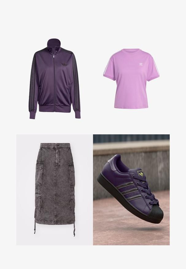 Ljubičasta atletska jakna od glatkog materijala, s visokim ovratnikom, crnim trakama uz rukave i izvezenim logotipom na prsima.; Ljubičasta majica s kratkim rukavima od pamuka, s rebrastim izrezom i bijelim bočnim trakama; sadrži mali bijeli Adidas logo na prsima.; Cargo traper suknja u izblijedjeloj crnoj boji, do koljena, s dvije bočne džepove, kopčanje na dugme i podesivim konopcima na rubu. Teksturirana površina.; Ljubičaste kožne tenisice s crnim gumiranim vrhom, crnim trakama i usklađenim vezicama. Teksturirana površina s ušivenim uzorkom.