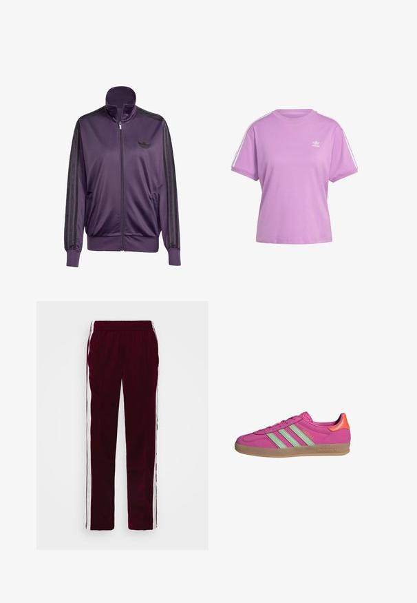 Fialová športová bunda vyrobená z hladkej látky, s vysokým golierom, čiernymi pruhmi pozdĺž rukávov a vyšitým logom na hrudi.; Fialové tričko s krátkym rukávom vyrobené z bavlny s rebrovaným výstrihom a bielymi bočnými pruhmi; má malú bielu značku Adidas na hrudi.; Bordové športové nohavice s nastaviteľným pásom, bielymi bočnými pruhmi a úzkym strihom. Vyrobené z hladkej, ľahkej látky.; Tenisky Adidas Gazelle v jasne ružovej farbe s svetlozelenými pruhmi, gumovou podrážkou a oranžovým akcentom na päte. Hladký syntetický zvršok.