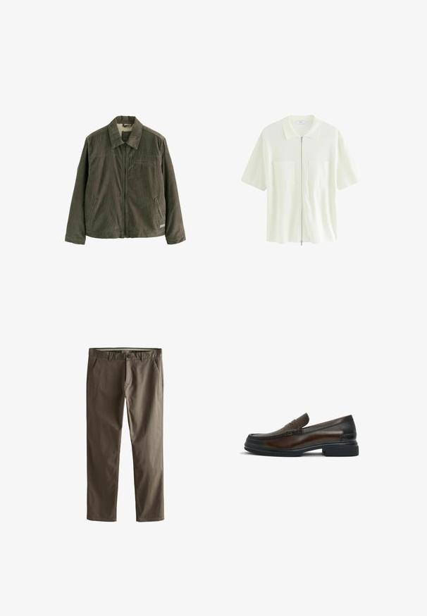 Oliivroheline kanepipluus esimesel tõmblukuga, kahe küljetasku ja ühe rinna tõmblukuta taskuga, pehme sisekattega, mis on nähtav krae juures.; Lühikeste varrukate ja valge lukuga pluus, mis on valmistatud tekstureeritud kangast. Pluusil on kraega kaelus ning kaks eesmist taskut ruudukujuliste klappidega.; Pruunid puuvillased chinos sirge sääre disainiga, ees taskud ja nupuga sulgemine. Omab siledat tekstuuri ja puhtaid jooni.; Pruun nahast madala kontsaga king, millel on ümar nina, ülemise osa peen õmblusdetail ja sile tekstuur, ning kontrastne must kummitald.