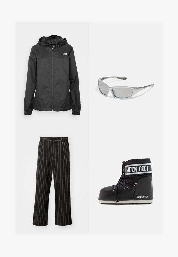 Black waterproof jacket with a zip front, elastic cuffs, and a hood. Features a small white logo on the upper left chest area.; Dark gray cotton T-shirt with a round neckline, short raglan sleeves, and a soft, slightly textured finish. No visible patterns or embellishments.; Black wide-leg trousers featuring a vertical pinstripe pattern, made of smooth fabric with a button closure and side pockets.; Black Moon Boot with a padded upper, secured by laces and a distinctive white band featuring the logo. Thick, textured rubber sole.; Gray sunglasses with a sleek, lightweight plastic frame. Features tinted gray lenses and textured side accents for added grip.