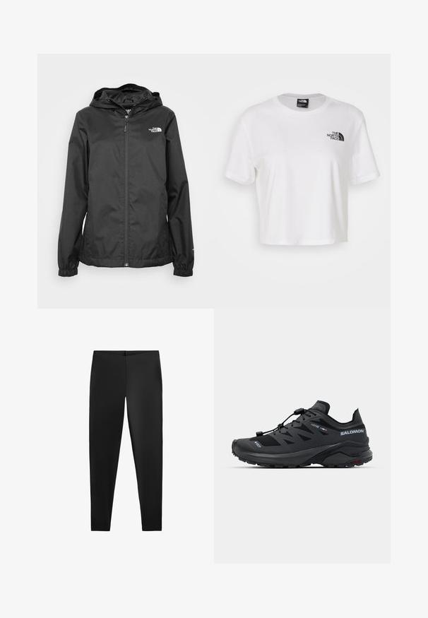 Čierna nepremokavá bunda so zipsom vpredu, elastickými manžetami a kapucňou. Obsahuje malé biele logo na hornej ľavej strane hrudníka.; Biela skrátená tričká vyrobené z bavlny s okrúhlym výstrihom a krátkymi rukávmi. Obsahuje čierne logo na ľavej hrudi.; Čierne legíny s hladkou textúrou a priliehavým strihom, s vysokým pásom a bezšvovým dizajnom pre pohodlie a univerzálnosť.; Čierna športová obuv vyrobená z priedušnej sieťoviny a gumy. Disponuje elegantným dizajnom, rýchlozavinovacím systémom a štruktúrovanou podrážkou pre lepšiu priľnavosť.