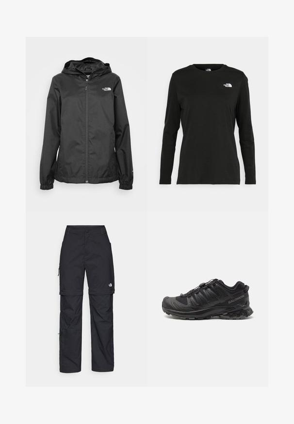 Black waterproof jacket with a zip front, elastic cuffs, and a hood. Features a small white logo on the upper left chest area.; Black long-sleeve t-shirt made of cotton with a round neck. Features a small white logo on the left chest area. Simple design and fit.; Black nylon zip-off cargo trousers with adjustable cuffs, multiple pockets, and a logo on the right leg. Smooth, lightweight texture.; Black trail running shoe with a textured upper, curved design, secure lace system, and sturdy rubber outsole for traction.