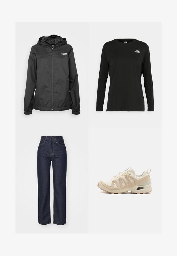 Černá voděodolná bunda se zipem vpředu, elastickými manžetami a kapucí. Na horní levé části hrudi se nachází malá bílá logo.; Černé tričko s dlouhým rukávem vyrobené z bavlny s kulatým výstřihem. Na levé části hrudi se nachází malé bílé logo. Jednoduchý design a střih.; Tmavě modré džíny s vysokým pasem, rovný střih nohavic, viditelné švy, pět kapes a přední zapínání na knoflík.; Béžová a krémová sportovní obuv s texturovaným síťovaným svrškem, podpůrnými překryvy a gumovou podrážkou s dezénem pro lepší přilnavost.