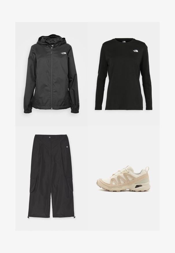 Črna vodoodporna jakna z zadrgo spredaj, elastičnimi manšetami in kapuco. Ima majhen bel logotip na zgornjem levem delu prsnega koša.; Črna majica z dolgimi rokavi iz bombaža z okroglo izrezom. Ima majhen bel logotip na levem prsnem delu. Enostaven dizajn in prileganje.; Črne cargo hlače iz lahkega materiala vključujejo stranske žepe, nastavljiv rob z vrvico in zadnje zapiranje na gumb.; Bež in krem športni čevlji z teksturiranim mrežastim zgornjim delom, podpornimi prekrivali in gumijastim podplatom z vzorcem za oprijem.