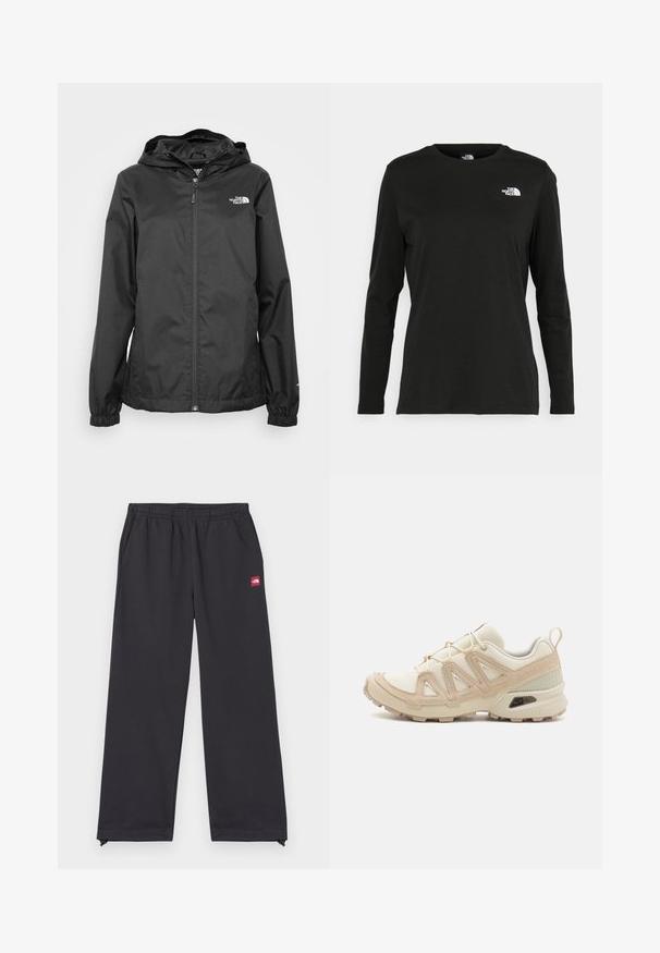 Zwarte waterdichte jas met een rits aan de voorkant, elastische manchetten en een capuchon. Kenmerkt zich door een klein wit logo op de bovenste linkerborst.; Zwart langsluiting T-shirt van katoen met een ronde hals. Heeft een klein wit logo op de linkerkant van de borst. Eenvoudig ontwerp en pasvorm.; Zwarte sportbroek van zacht materiaal, met een losse fit, een elastische tailleband, zijzakken en een klein rood logo label aan de voorkant.; Beige en crème sportschoen met een textuur-mesh bovenwerk, ondersteunende overlays en een rubberen zool met een profielpatroon voor grip.