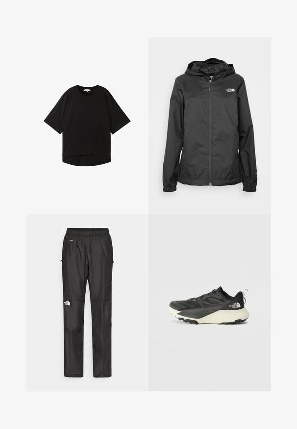 Zwarte waterdichte jas met een rits aan de voorkant, elastische manchetten en een capuchon. Kenmerkt zich door een klein wit logo op de bovenste linkerborst.; Zwart T-shirt met korte mouwen, een relaxte pasvorm, ronde halslijn en een licht gebogen zoom. Gemaakt van een zachte, gestructureerde stof.; Zwarte waterdichte broek van lichtgewicht stof, uitgerust met een elastische tailleband, zijzakken en een logo op het linkerpijp.; Zwarte sportieve schoen met een gestructureerde bovenkant, voorzien van grijze accenten en een witte tussenzool. Inclusief een trekhaak en een opvallend merklogo op de hiel.