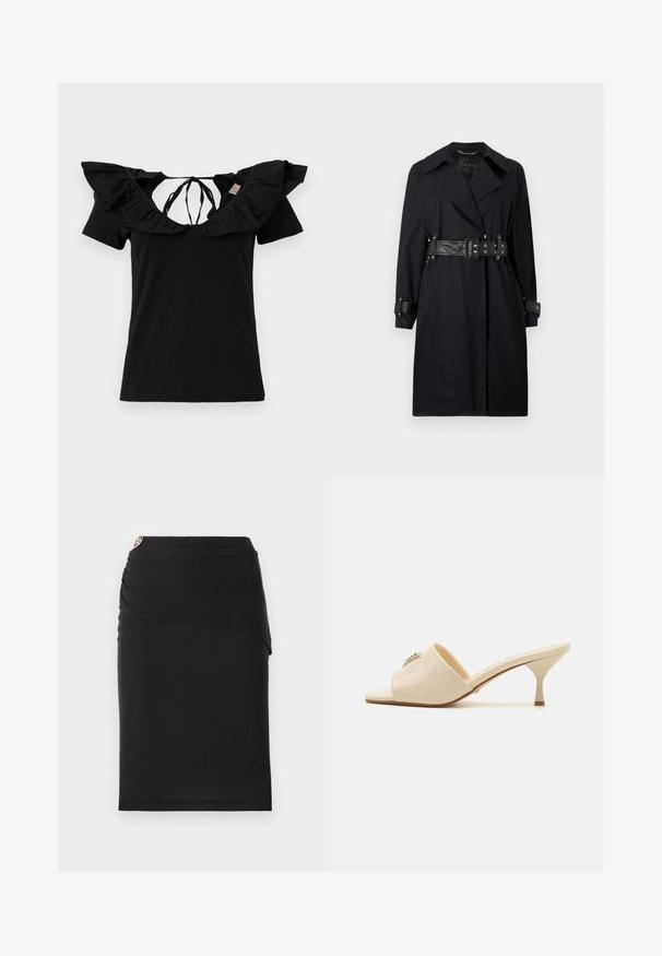 Palton negru cu talie accentuată printr-un brâu, guler larg și manșete cu nasturi. Construit dintr-un material fin, cu un design minimalist și fără modele.; Tricou negru cu mâneci scurte, având un guler larg cu volane și șireturi la spate. Textură netedă, croială clasică și design minimalist.; Fustă midi neagră, cu un design drapat în față, având un accent metalic decorativ la talie. Confecționată dintr-un material elastic.; Sandale mule cu vârful deschis din piele lăcuită bej, cu toc stiletto mic. Dispune de un accent decorativ central pe partea superioară. Finisaj neted și lucios.