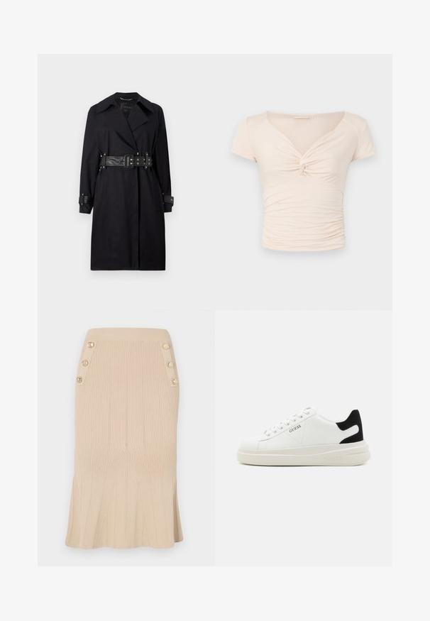 Melna trenču mēteļa ar jostu viduklī, plašu apkakli un pogām pie piedurknēm. Izgatavots no gludas auduma ar minimālistisku dizainu bez rakstiem.; Gai bēšs īso piedurkņu tops ar V-veida kakla izgriezumu un pagriešanas detaļu priekšpusē, kas satur savelkamu tekstūru gar sāniem, nodrošinot pieguļošu dizainu.; Knit stila zīda svārki bēšā krāsā ar vertikālām ribām, ar izplūdušu apakšējo daļu un zelta zīmola pogām sānos papildu detaļām.; Baltas ādas sporta apavi ar biezu balto zoli, melna zamša uzpura un izspiestais logotips sānos. Šņorējuma dizains ar sešiem acu caurumiem.