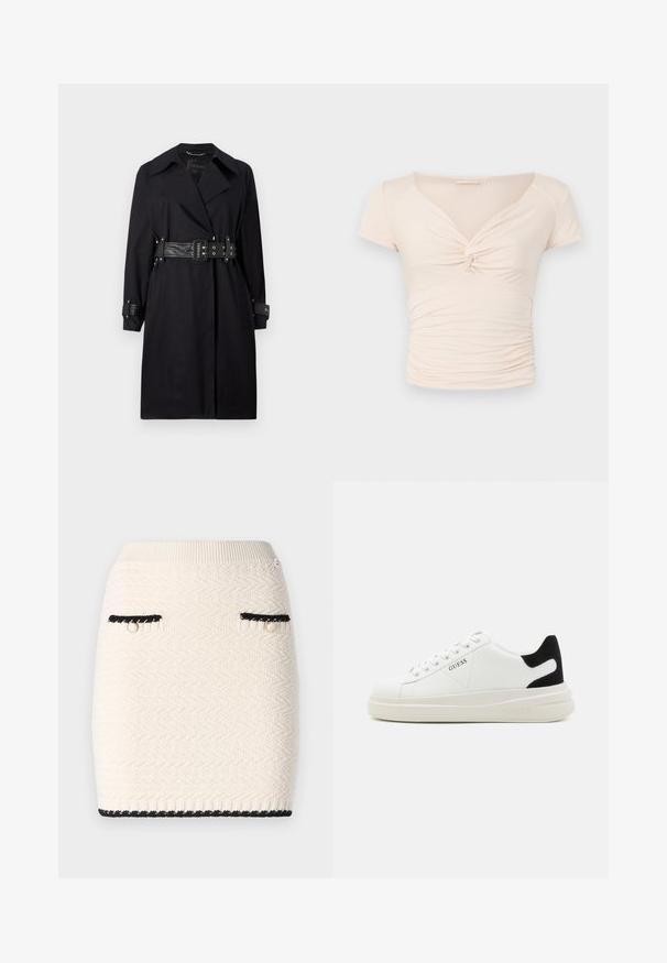 Mustat trench-takit, joissa on vyötärövyö, leveät kaulukset ja napitettavat hihansuut. Valmistettu sileästä kankaasta, jossa on minimalistinen muotoilu ilman kuvioita.; Vaalean beige lyhythihainen toppi, jossa on V-mallinen kaula-aukko ja kierretyt yksityiskohdat edessä. Sivut ovat rypytettyjä, mikä luo istuvan muotoilun.; Neulekort skjørt i kremfarge med et strukturert zickzack-mønster, fremhevet av svart pynt rundt lommer og nederkant, samt detaljer i gullton.; Valkoiset nahkakengät paksulla valkoisella pohjalla, mustalla mokkanahkaosuudella kannassa ja kohokuvioitu logo sivulla. Nauhakeskitys kuudella reiällä.