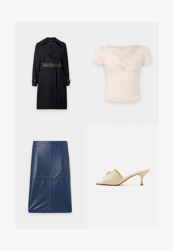 Melna trenču mēteļa ar jostu viduklī, plašu apkakli un pogām pie piedurknēm. Izgatavots no gludas auduma ar minimālistisku dizainu bez rakstiem.; Gai bēšs īso piedurkņu tops ar V-veida kakla izgriezumu un pagriešanas detaļu priekšpusē, kas satur savelkamu tekstūru gar sāniem, nodrošinot pieguļošu dizainu.; Tumši zilas ādas zīmulis svārki ar gludu, spīdīgu tekstūru, kas izceļas ar vienkāršu, saplacinātu dizainu un taisnu griezumu. Redzami nav nekādi hardware elementi.; Bežs patentēta ādas atvērtā pirksta mūlisandaļa ar zemu stiletto papēdi. Uz augšdaļas ir centrāla dekoratīva akcenta iezīme. Gluda, spīdīga apdare.