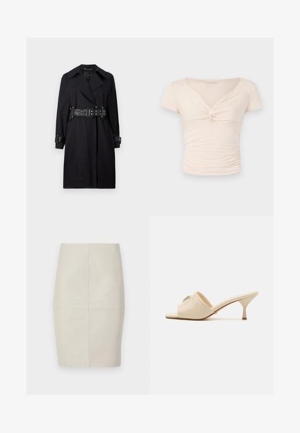 Melna trenču mēteļa ar jostu viduklī, plašu apkakli un pogām pie piedurknēm. Izgatavots no gludas auduma ar minimālistisku dizainu bez rakstiem.; Gai bēšs īso piedurkņu tops ar V-veida kakla izgriezumu un pagriešanas detaļu priekšpusē, kas satur savelkamu tekstūru gar sāniem, nodrošinot pieguļošu dizainu.; Gai bēšs ādas zīmuli svārki ar vertikālām šuvēm, struktūru formu un gludu tekstūru, ar vidēju vidukļa augstumu un bez redzamiem piederumiem.; Bežs patentēta ādas atvērtā pirksta mūlisandaļa ar zemu stiletto papēdi. Uz augšdaļas ir centrāla dekoratīva akcenta iezīme. Gluda, spīdīga apdare.